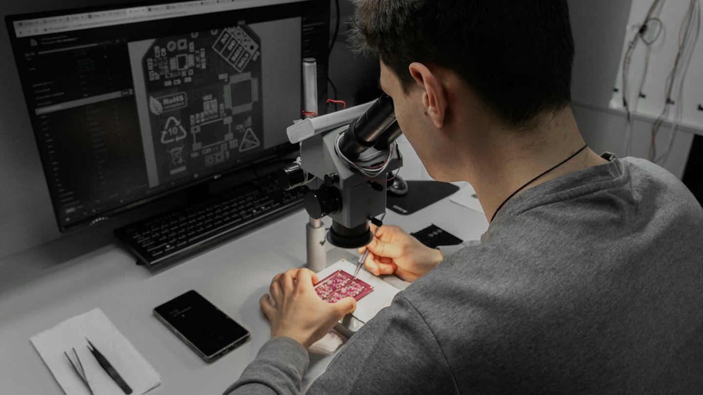 Man carefully inspects circuit board under microscope at desk.